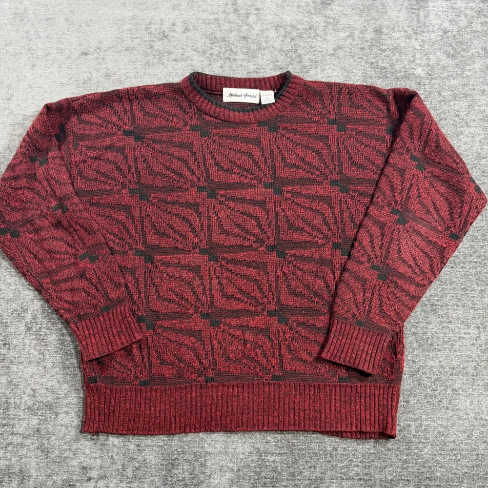 Michael Gerald Mens Vintage Red Black Geometric Knit Crewneck Sweater USA Made L